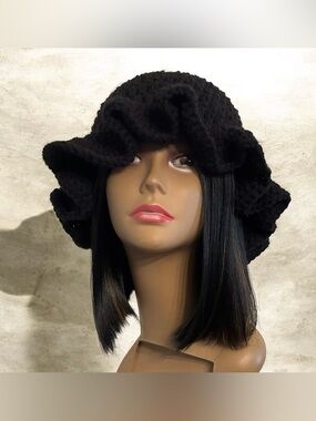 Black Handmade Crochet Ruffle Bucket Hat